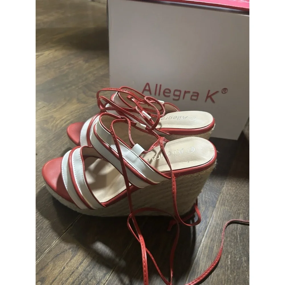 Allegra K Women's Espadrille Wedges 8.5  Striped Ankle Tie  Red And White‎ NEW